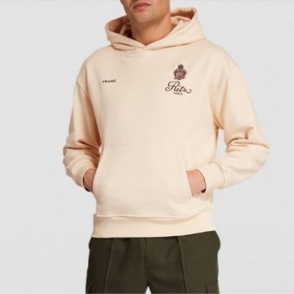 Frame X Ritz Paris Crest Unisex Hoodie Sweatshirt in Cream, Size Small - Picture 3 of 9